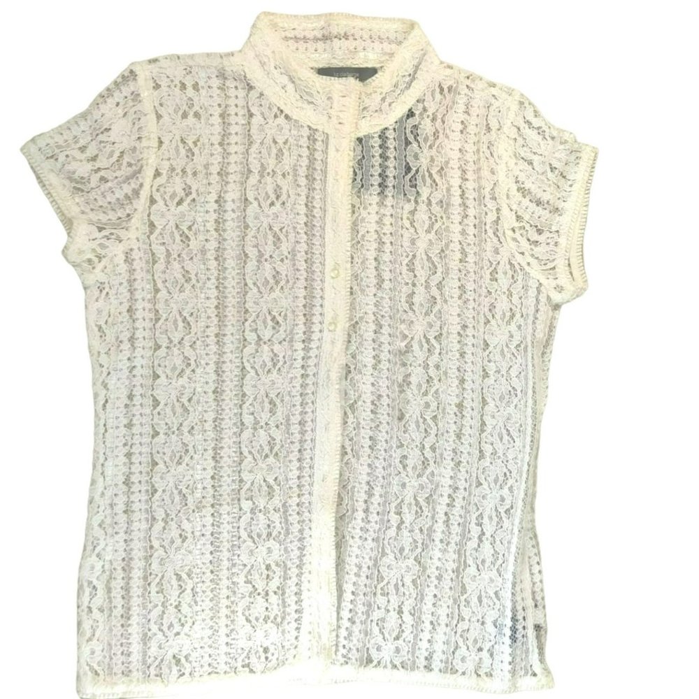 NWT Liz Claiborne Size M White Sheer Lace Button Down Short Sleeve Blouse